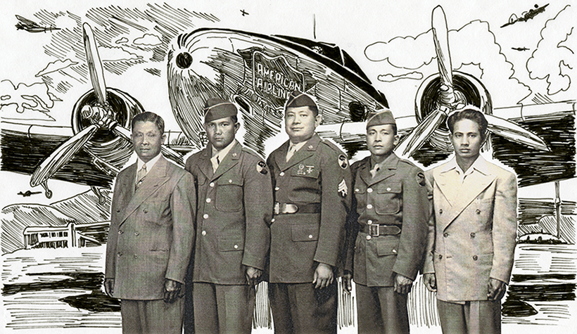 Florentino Ignalan and friends in uniform, standing in front of an airplane