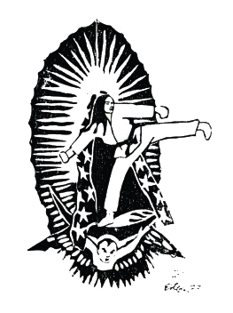 A woman in a cloak emblazoned with five-point stars, karate-kicking, looking in the direction of her kick, hands in fists, eclipsing a blaxing sun while standing atop a darkened crescent moon that is carried by an angry person.