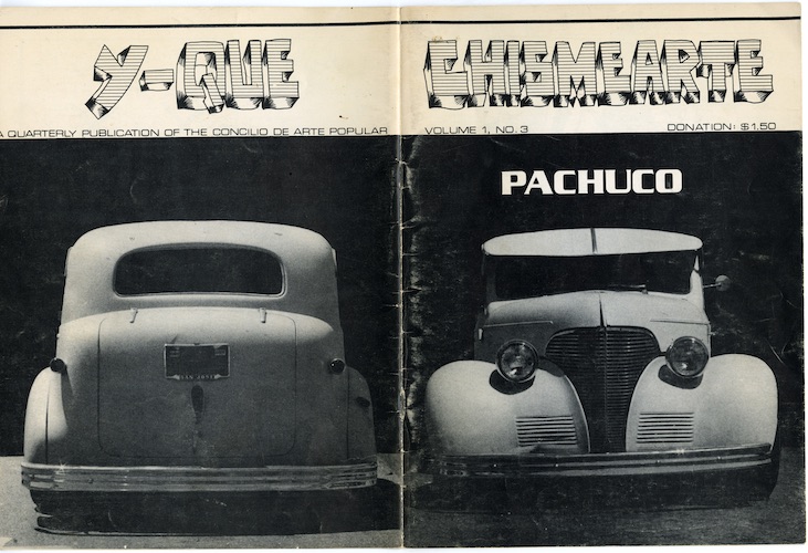 ChismeArte front and back magazine cover for Pachuco. Vol. 1, No.3, 1977 Cover Artist: Guillermo Bejarano.